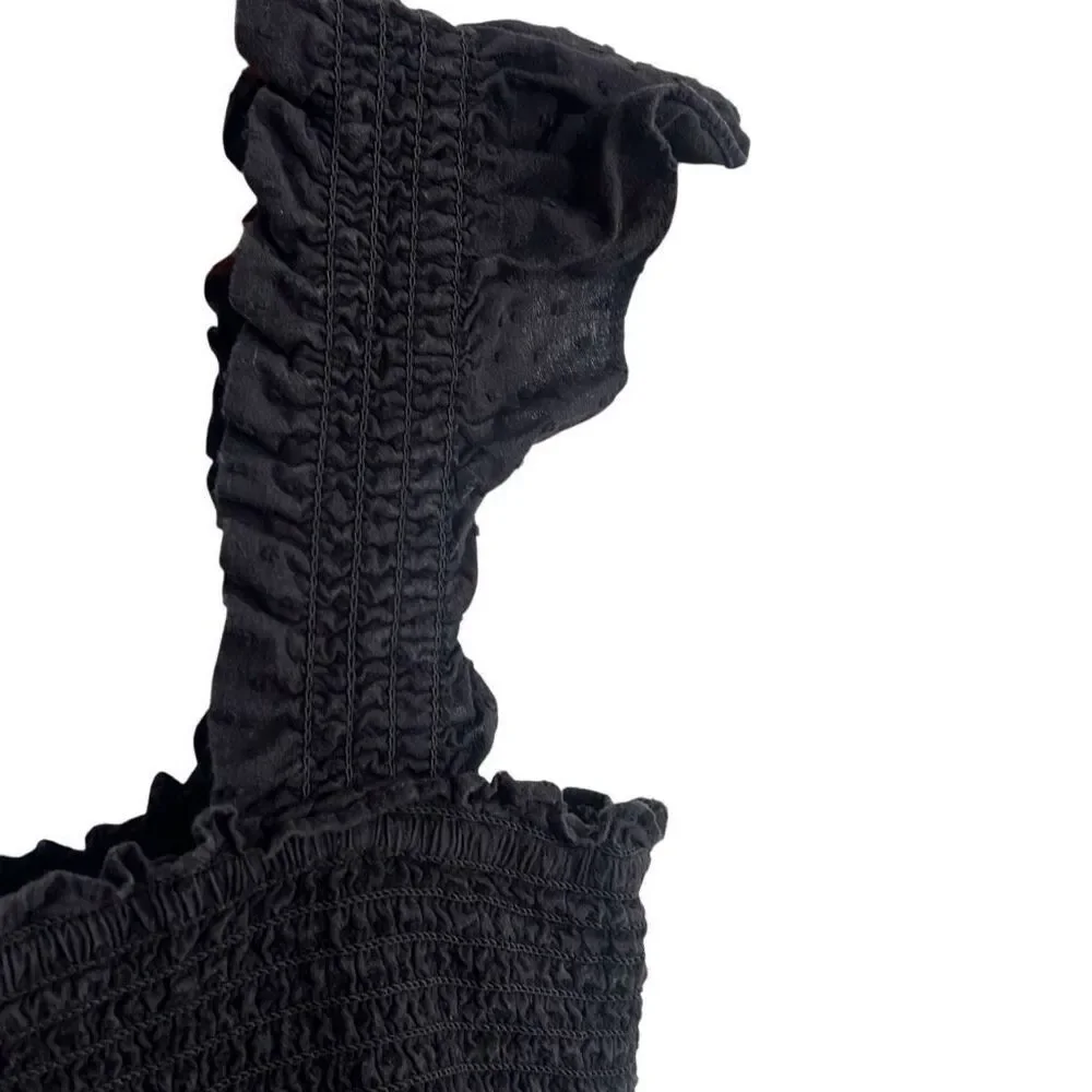 Kourt Smocked Tiered Ruffle Swiss Dot Sleeveless Calypso Midi Dress Black XL - Picture 4 of 8